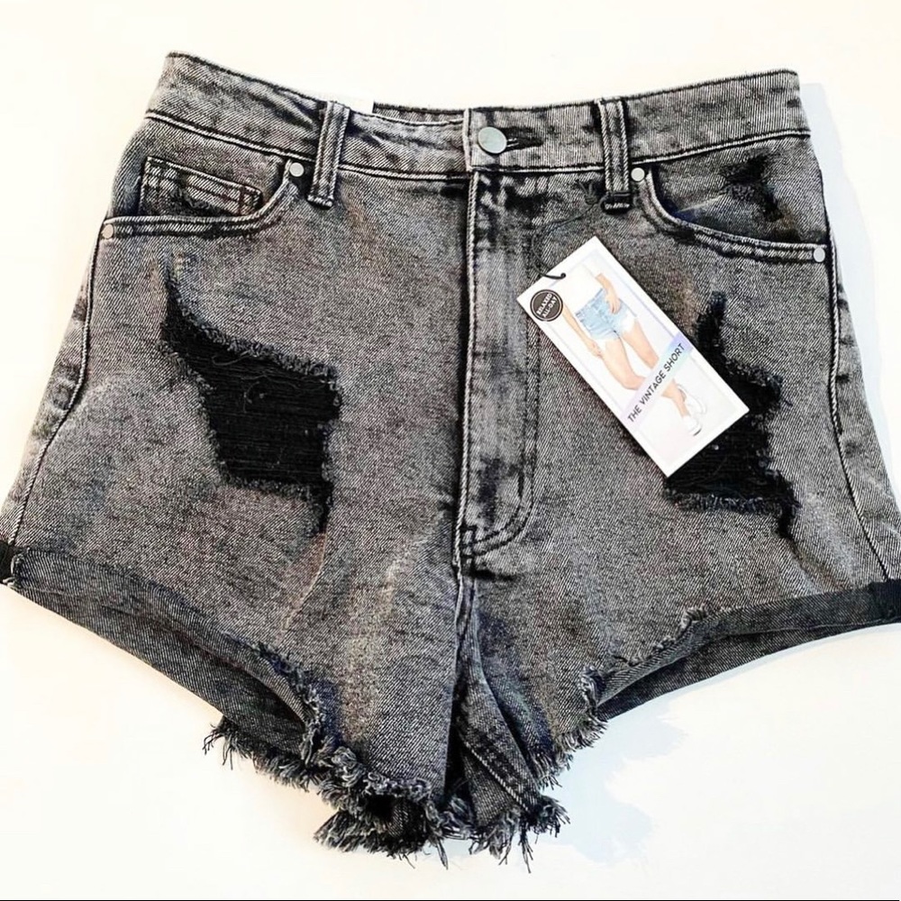 Black distressed denim shorts